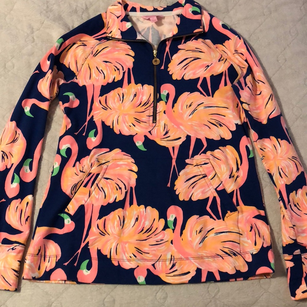 Lilly Pulitzer Navy Pullover with Pink Flamingo Print